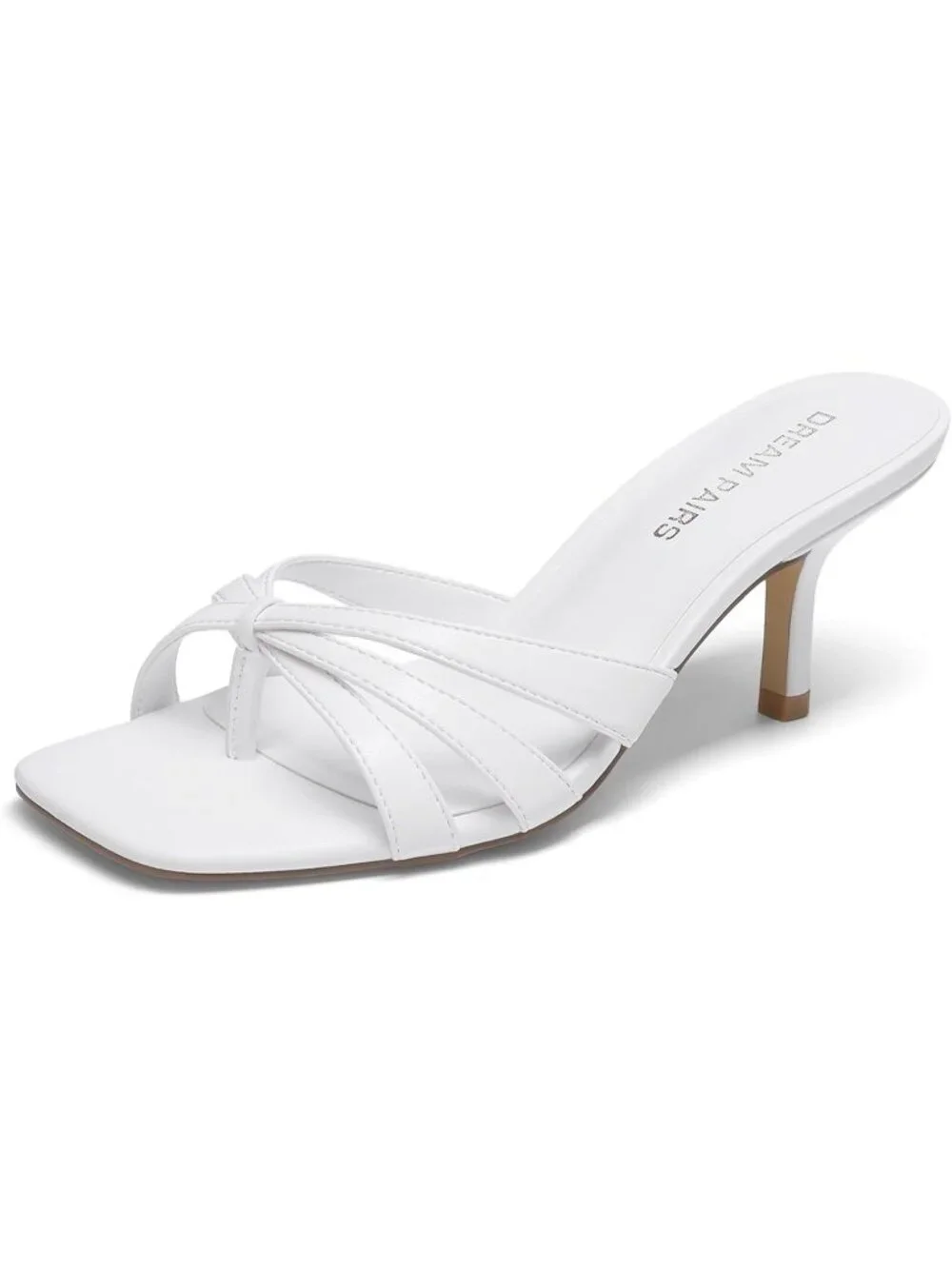 Women's White Faux Leather Square Open Toe Thong Mules Strappy Kitten Heels